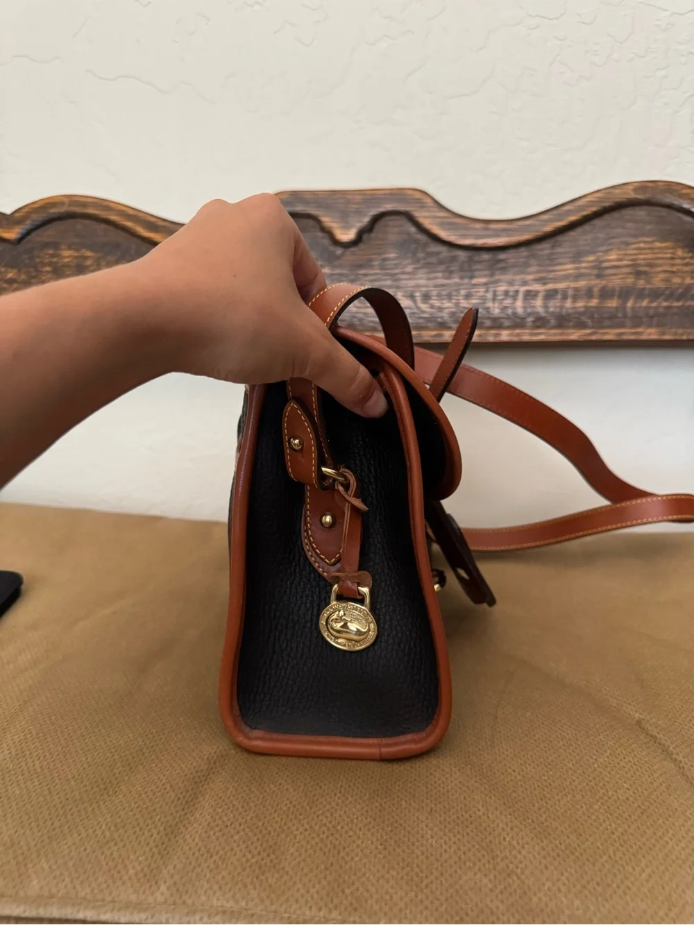 Dooney & Bourke Black Pebbled Leather Messenger with Brown Trim